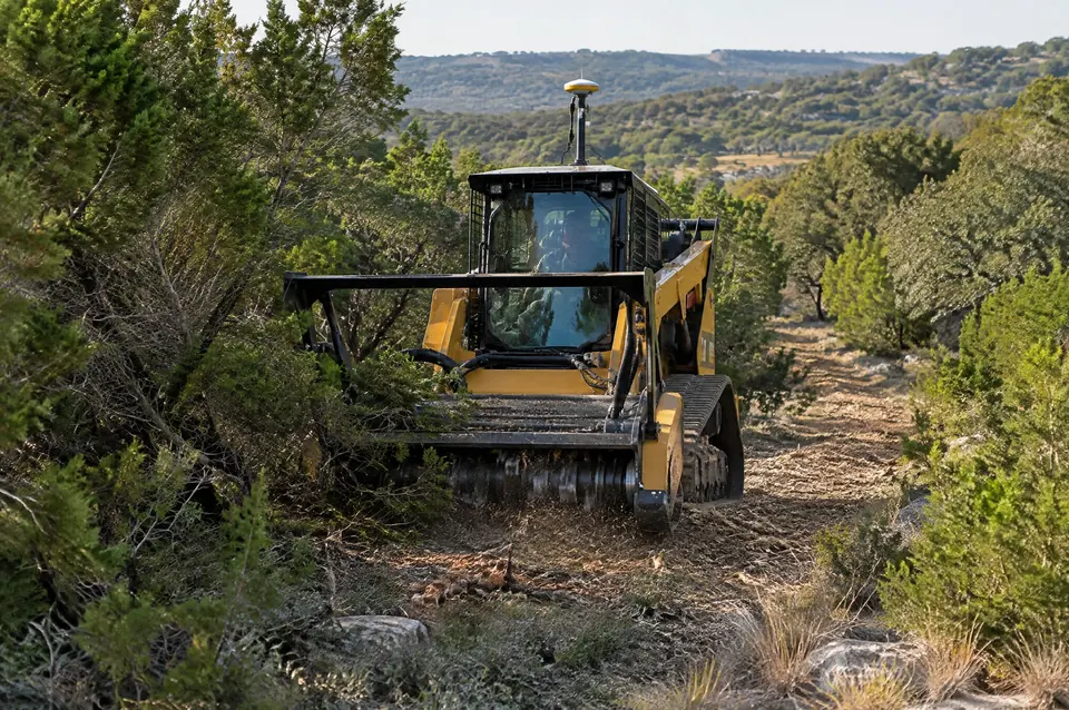 Precision line clearing: track mulcher with a GPS antenna cutting a straight line through dense cedar