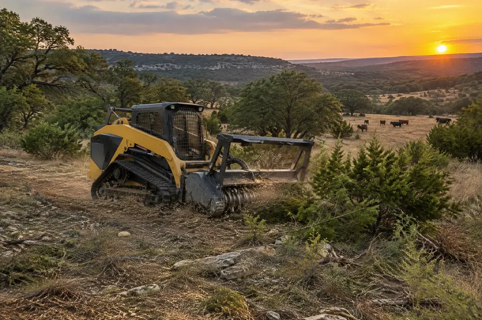Fence line clearing: track mulcher keeping a reclaimed pasture open at sunset, cattle in the distance