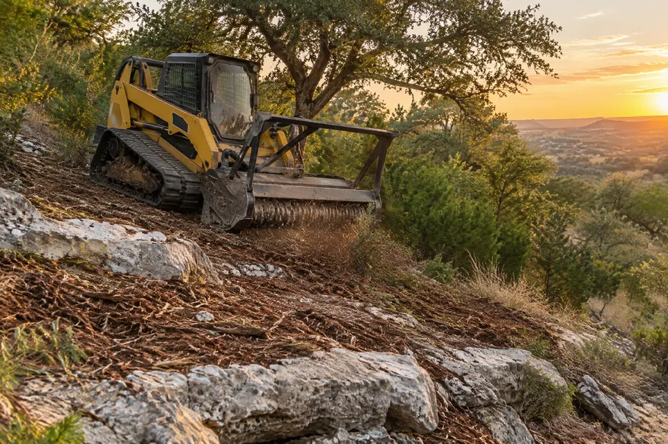 Hill Country forestry mulching: track mulcher on white limestone shelves on a Hill Country slope at sunset