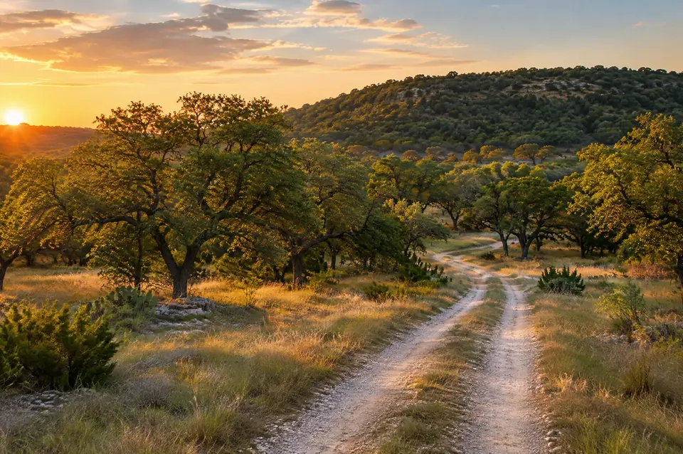 Two-track caliche road through live oak mottes in Kendall County ranchland near Boerne