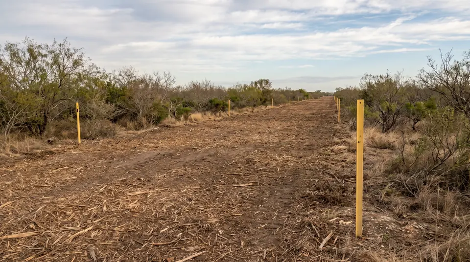 Utility land clearing in Texas: cleared pipeline right-of-way corridor through mesquite and brush country