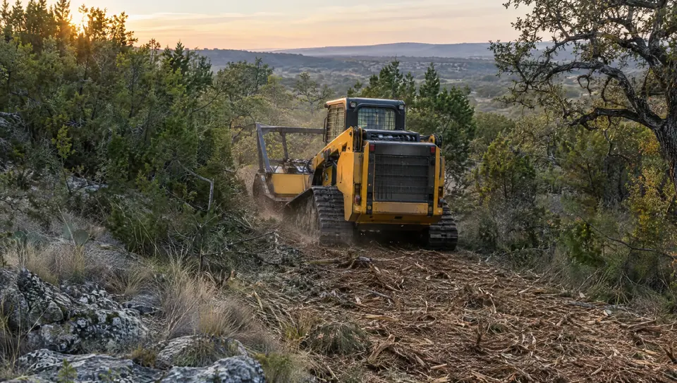 What is forestry mulching: yellow tracked forestry mulcher working through Texas brush, mulch mat behind it