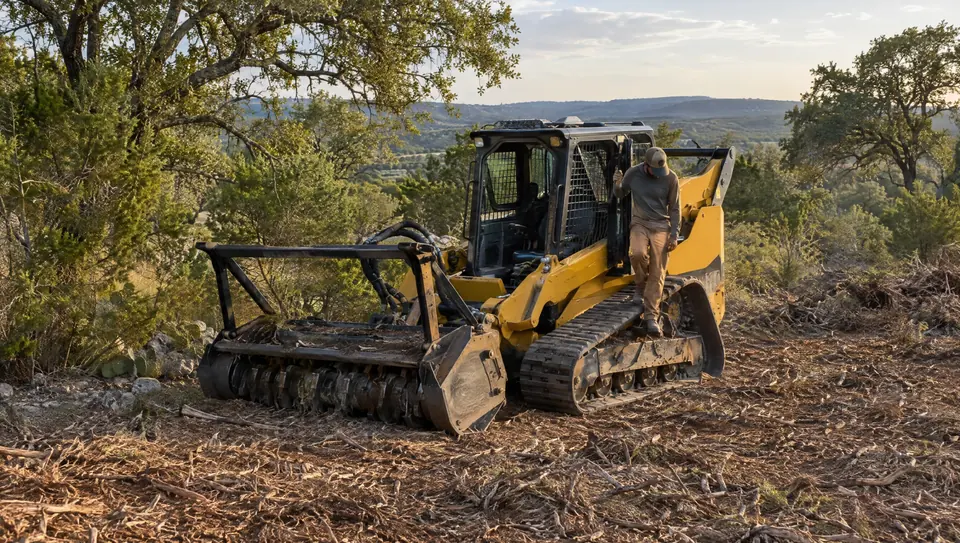 Land clearing faq: yellow track loader forestry mulcher at the edge of a freshly mulched clearing, operator climbing down